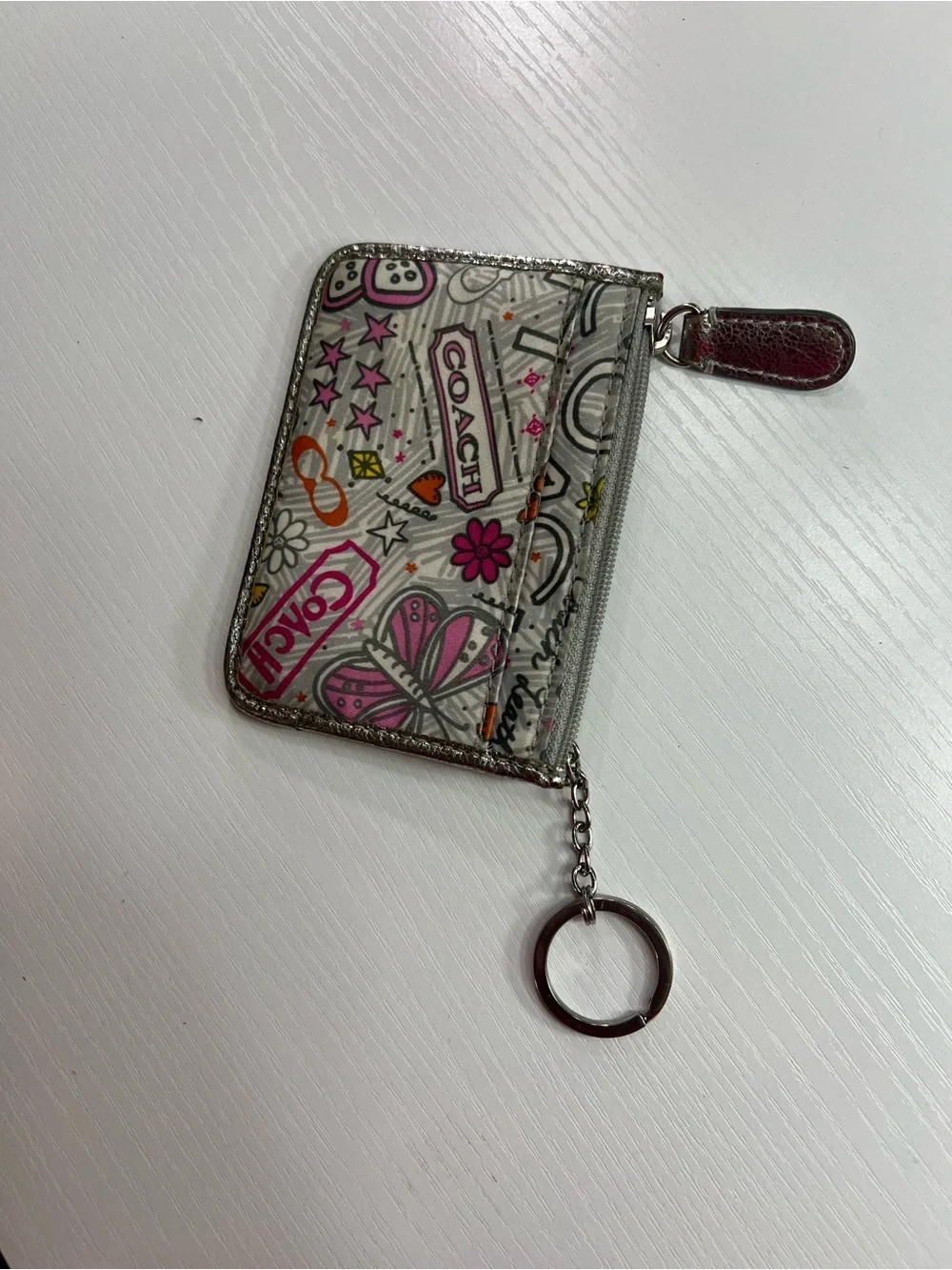 Coach Silver-Trim Poppy Graphic Card Case Keychain
